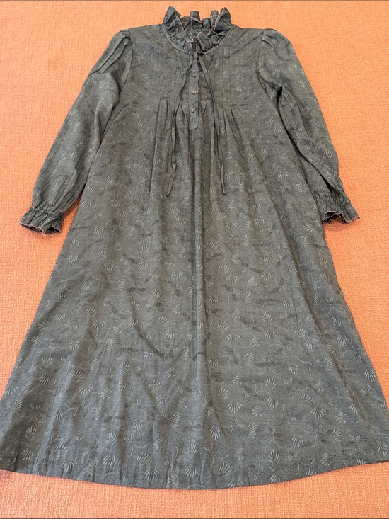 Handmade Dresses & Skirts - Women’s Long Sleeve Ruffled Neck Midi Dress in blue gray